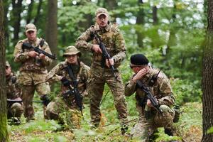 A disciplined and specialized military unit, donned in camouflage, strategically patrolling and maintaining control in a high-stakes environment, showcasing their precision, unity, and readiness for photo