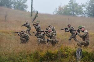 A disciplined and specialized military unit, donned in camouflage, strategically patrolling and maintaining control in a high-stakes environment, showcasing their precision, unity, and readiness for photo