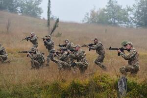 A disciplined and specialized military unit, donned in camouflage, strategically patrolling and maintaining control in a high-stakes environment, showcasing their precision, unity, and readiness for photo