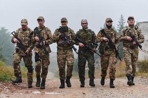 A disciplined and specialized military unit, donned in camouflage, strategically patrolling and maintaining control in a high-stakes environment, showcasing their precision, unity, and readiness for photo