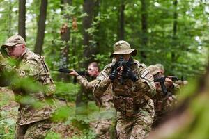 A disciplined and specialized military unit, donned in camouflage, strategically patrolling and maintaining control in a high-stakes environment, showcasing their precision, unity, and readiness for photo
