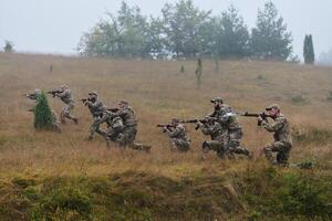A disciplined and specialized military unit, donned in camouflage, strategically patrolling and maintaining control in a high-stakes environment, showcasing their precision, unity, and readiness for photo