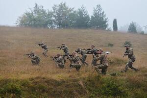 A disciplined and specialized military unit, donned in camouflage, strategically patrolling and maintaining control in a high-stakes environment, showcasing their precision, unity, and readiness for photo