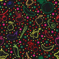 Seamless pattern with vegetables and fruits on black background vector