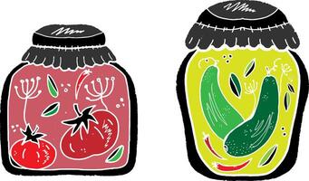 Two jars with vegetables and a jar with a lid vector