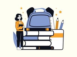 A young woman stands next to a large backpack, surrounded by books, a ruler, and pencils. She holds a book in her hand and looks up with a hopeful expression, suggesting she's ready for school or lear vector