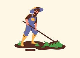 A cartoon illustration of a male farmer plowing a field with a hand tool. He is wearing a hat and overalls and has a determined expression vector