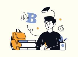 A young man is sitting at a desk, writing with a pencil. He has a backpack, books, and a coffee cup nearby. The letters A, B, and C float around his head, suggesting he's focused on learning and educa vector