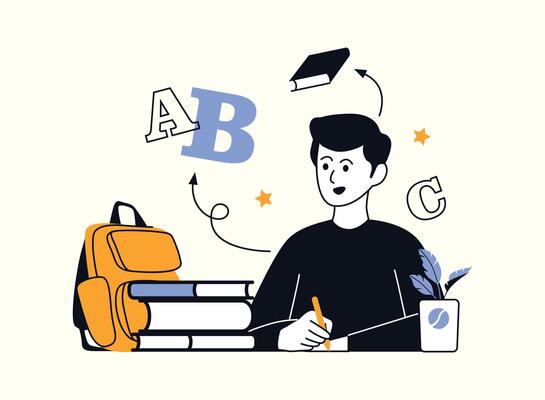 A young man is sitting at a desk, writing with a pencil. He has a backpack, books, and a coffee cup nearby. The letters A, B, and C float around his head, suggesting he's focused on learning and educa