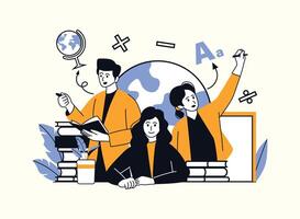 Three people are surrounded by educational symbols, including a globe, books, and math signs. One is writing on a board, another is reading, and the third is holding a pen. This image represents a col vector