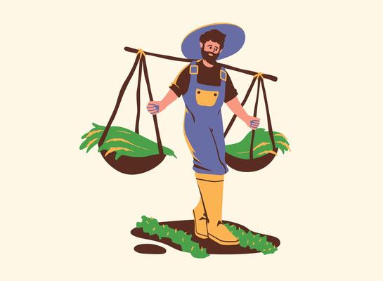 A cartoon illustration of a male farmer carrying a large basket of harvested crops on his shoulders. He is wearing a hat and overalls and looks happy and proud of his work.