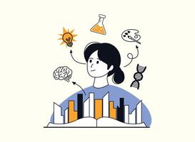 A woman, surrounded by symbols of creativity, education, and science, appears to be deep in thought. The backdrop suggests a cityscape, perhaps representing urban innovation. The overall image conveys vector