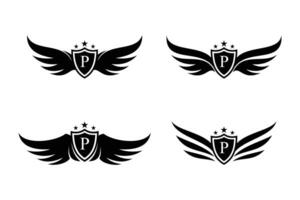 Set of wings symbol logo combined with letter p and creative element vector