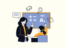 A teacher is pointing at a chalkboard with mathematical symbols and letters, explaining a lesson to a student who has raised their hand. The image conveys a sense of learning, engagement, and curiosit vector