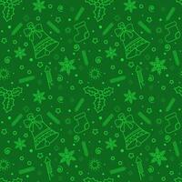 Christmas seamless pattern in green with contour images of elements vector