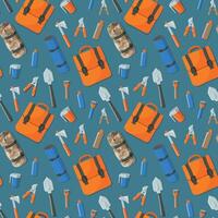Seamless flat lay of tourist items backpack, axe, torch, sleeping bag, tools etc vector