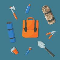 Flat lay of tourist items backpack, axe, torch, sleeping bag, tools etc vector