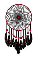 Dreamcatcher woven in a circle with feathers in red and black tones vector