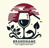 A wine glass with leaves and a mountain in the background vector