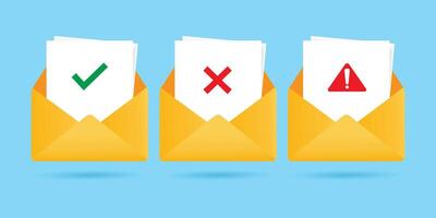 Check mark in envelope. Approved, rejected and warning messages. Confirmed sign in email. New letter. vector