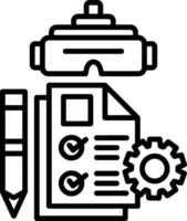A black and white icon of a computer, pen and paper vector