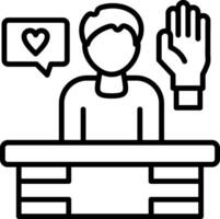 A person at a desk with a hand up and a heart vector