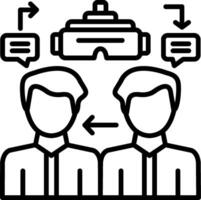 Two people are standing in front of a computer with a headset vector