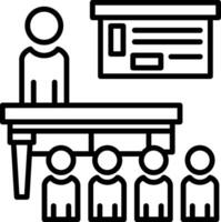 A black and white image of a classroom with people sitting around a table vector
