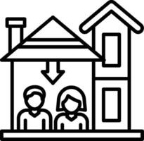 A family is sitting in front of a house with an arrow pointing to the left vector