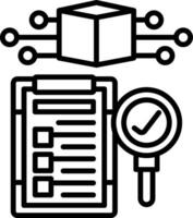 A black and white image of a document with a magnifying glass and a computer vector