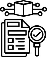 A black and white icon of a computer and a magnifying glass vector