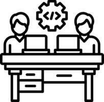 A line drawing of two people working at a desk vector