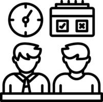 Two people are sitting at a desk with a clock and a calendar vector