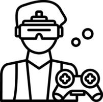 A man wearing a virtual reality headset and holding a controller vector