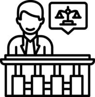 A judge is sitting at a desk with a scale and a sign vector