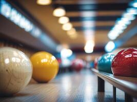 Bowling alley, in the foreground a well-lit, clear bowling ball, in the background a blurred background with pins and lanes. photo