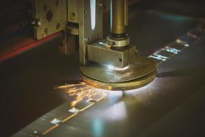 Plasma cutting of metal.The machine cuts iron with sparks.Industrial manufacture of products from iron sheets photo