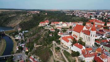 Aerial view of river Dyje and city of Znojmo with castle and St Nicholas cathedral in Czechia in August 2024 video