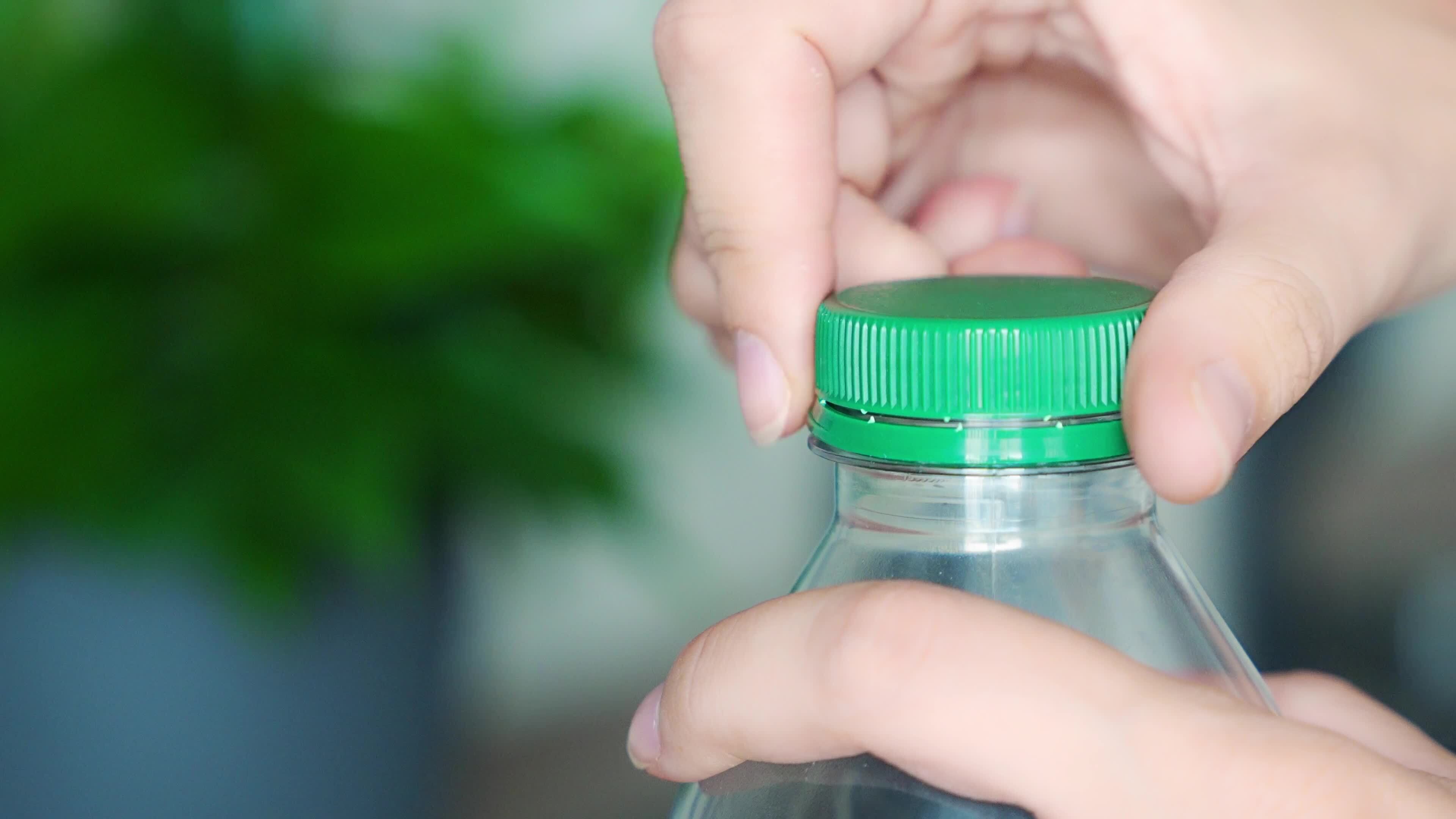 Stationary plastic cap on a PET bottle. The new design means the cap