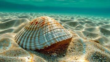 Solitary clam nestled in the sandy seabed, its shell gleaming softly in the underwater light, . video
