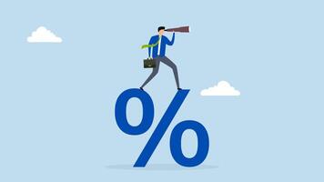Interest rate forecast, 4k animation of entrepreneur ascends the percentage symbol to peer through a telescope and visualize their goals. video