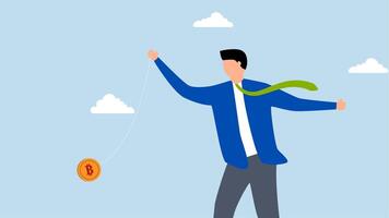 Bitcoin price swing like yoyo, 4k animation of Intelligent entrepreneur trader tosses Bitcoin back and forth. video