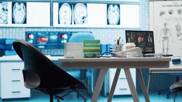 Spacious and empty healthcare office with modern medical equipment, designed for patient care and treatment. Emphasizing the importance of examinations with a stethoscope. Close up. video