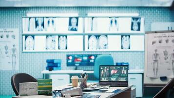 Spacious and empty healthcare office with modern medical equipment, designed for patient care and treatment. Emphasizing the importance of examinations with a stethoscope. Close up. video