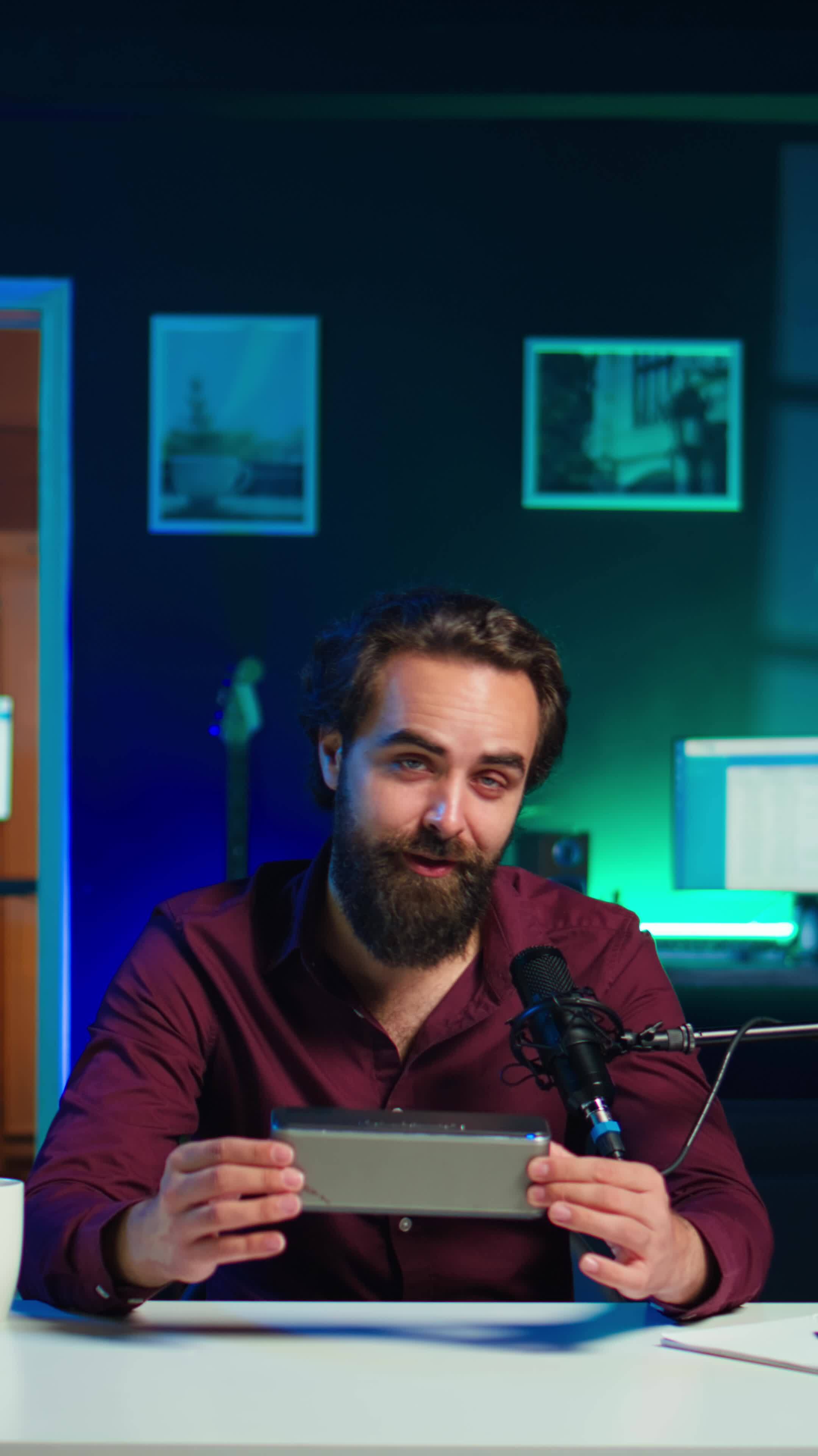 Vertical Cheerful star doing technology review of Bluetooth