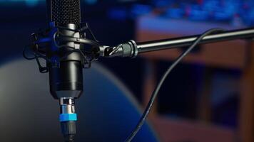 Close up shot of podcast microphone used to record internet show for online livestreaming channel. Streaming sound capturing and recording podcasting tool in empty living room with neon lights video