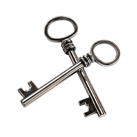 Two elegant metal keys arranged creatively, symbolizing security, access, and unlocking potential. Perfect for various themes. png