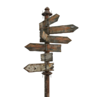 Weathered signpost with multiple directional arrows, ideal for conveying choice, direction, and adventure in nature-themed projects. png