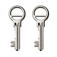 Two shiny metal keys on a white background, symbolizing security, access, and unlock possibilities in daily life. png