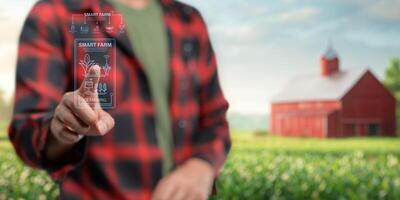 Smart Farm UI hologram system control, maintenance, displaying growth information Nutrients, fertilizers, water, insect pests of trees, plants, and vegetables, use technology in agriculture. photo